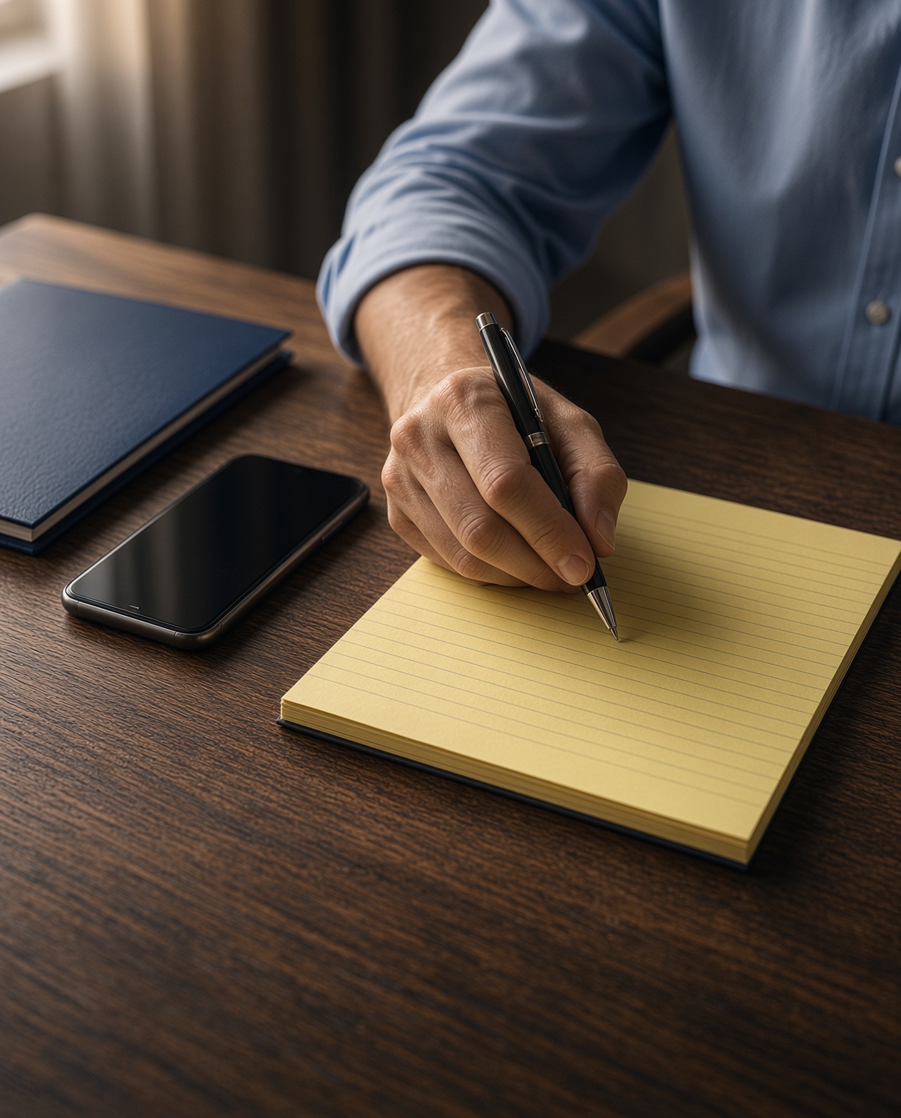 Hands taking notes on a legal pad beside a phone