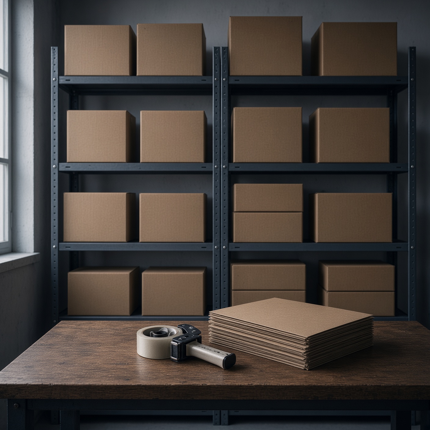 Packed shipping boxes on steel shelving