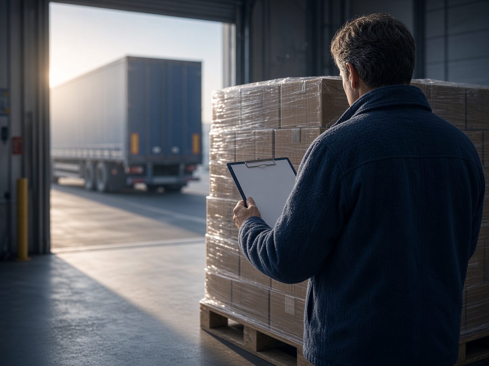 Worker with a clipboard beside wrapped pallets at a loading dock
