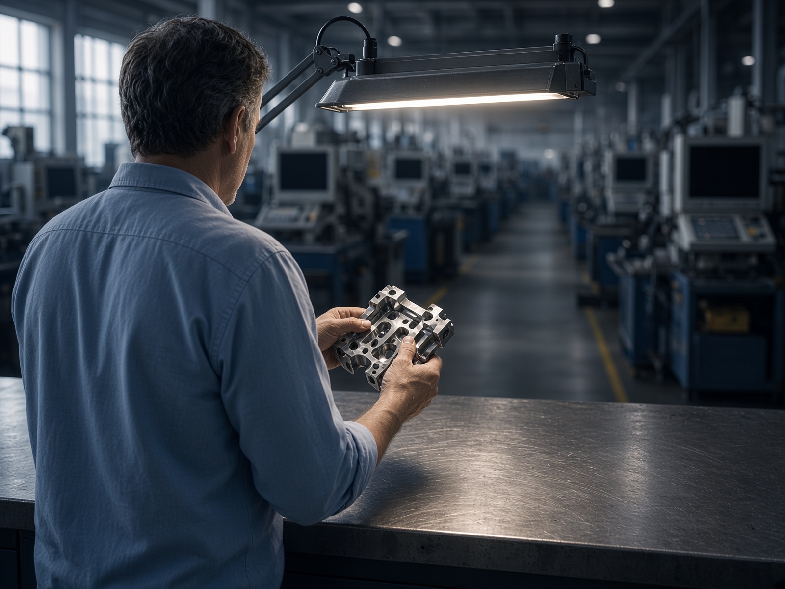 Machinist inspecting a machined part on the shop floor