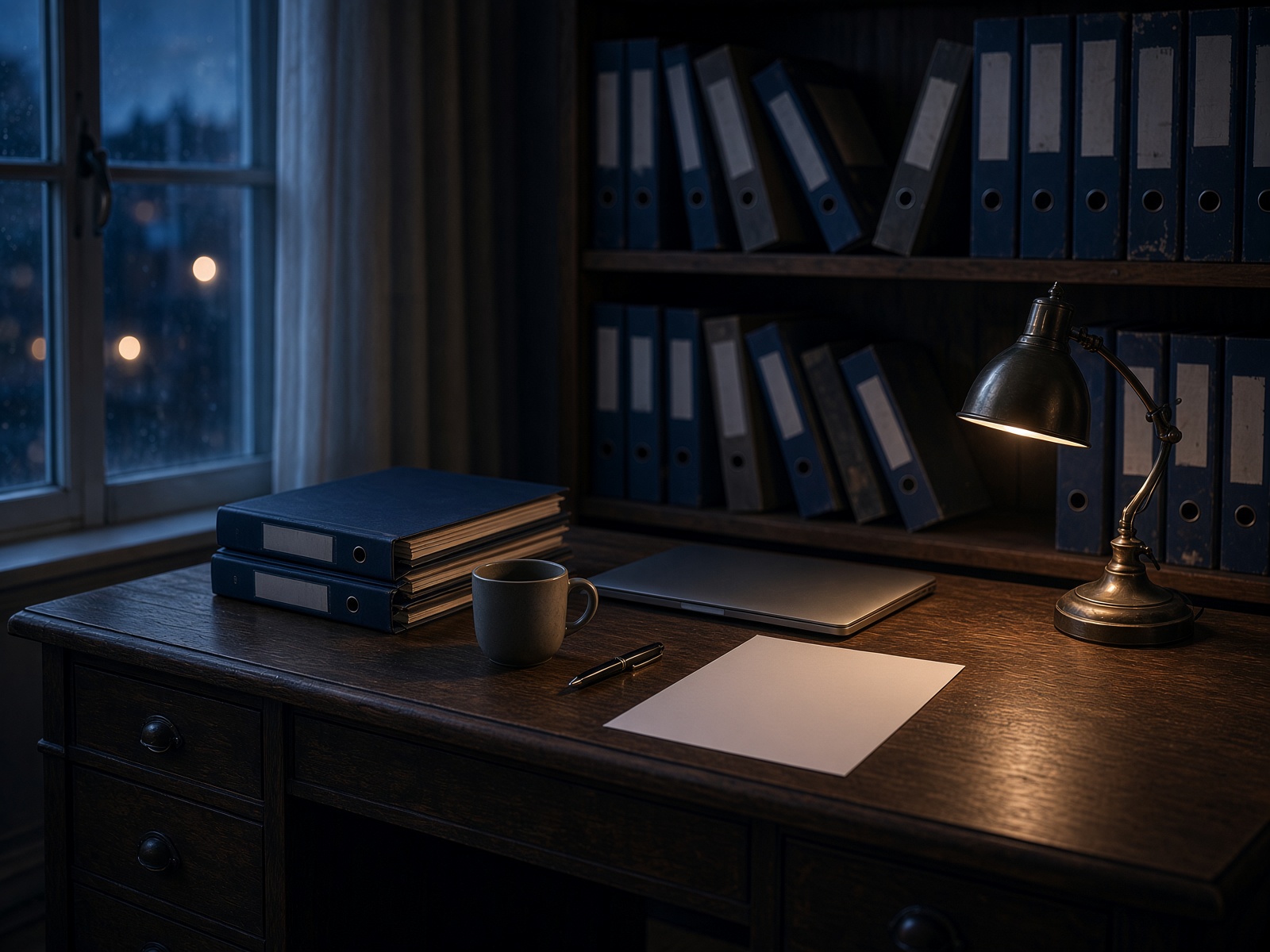 Evening office with binders, a desk lamp and client files