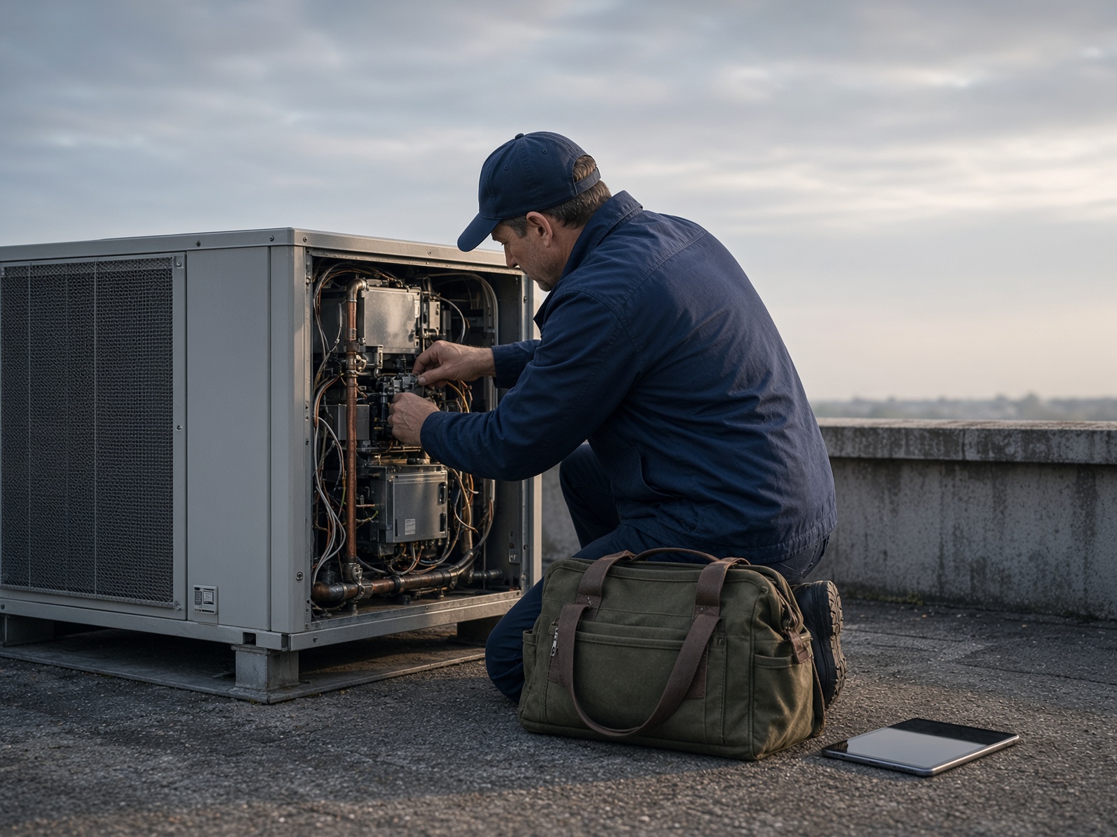 Technician servicing a rooftop HVAC unit