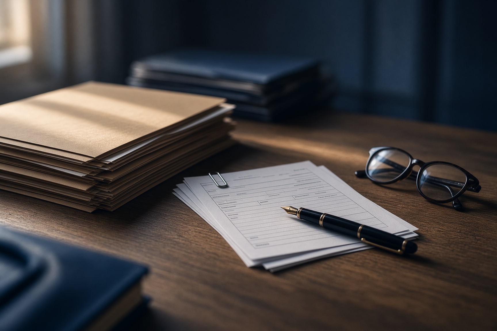 Manila folders, clipped work orders, a fountain pen and reading glasses on a desk
