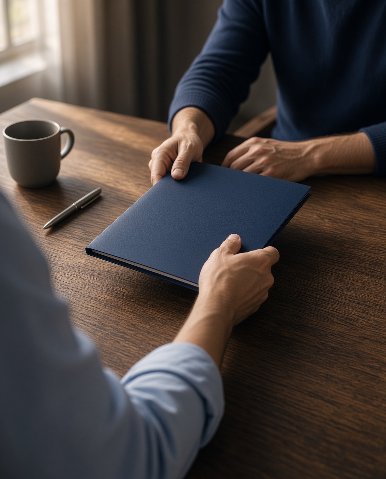 Two people at an oak table, one handing over a navy folder