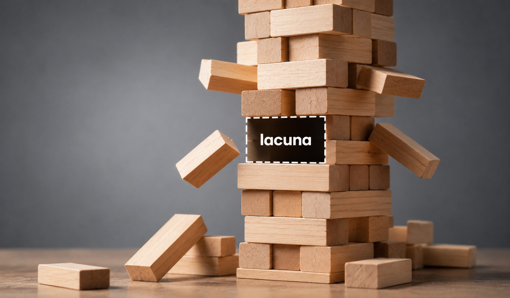 Torre di legno che crolla per un pezzo mancante: metafora visiva delle lacune scolastiche di tuo figlio