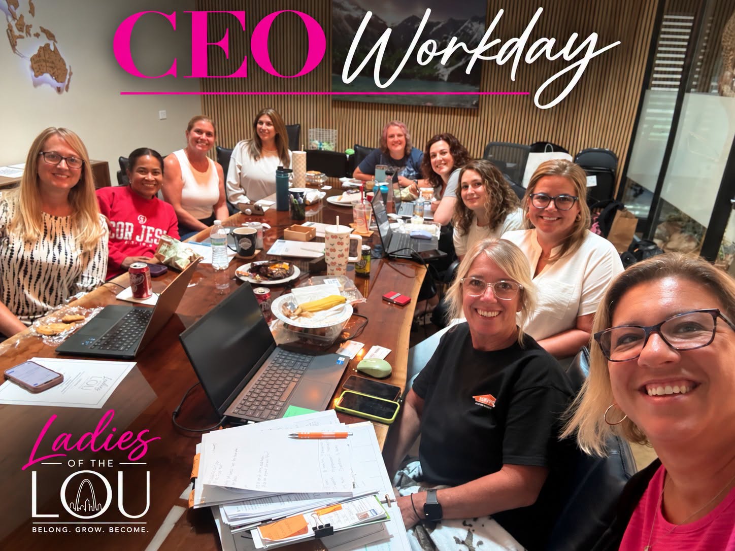 Women entrepreneurs gathered around a table working together during a CEO Workday morning