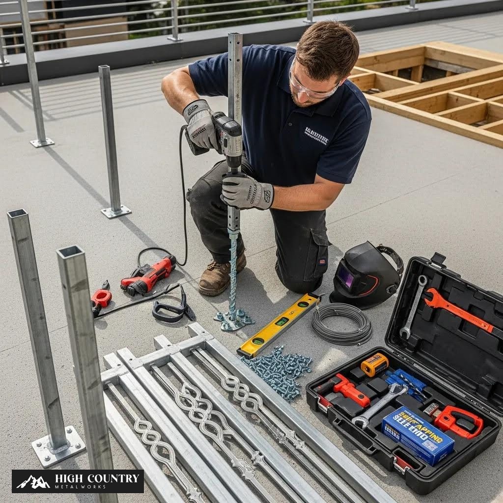 Man using a power drill to install a metal railing post during the wood-to-metal railing installation process. Man using a power drill to install a metal railing post during the wood-to-metal railing installation process.