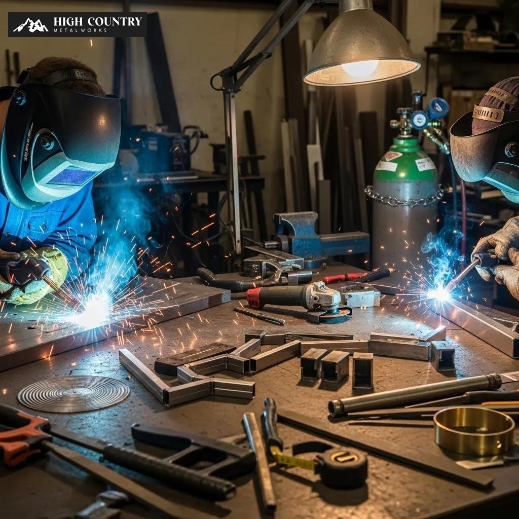 Two men are collaborating on metalwork in a workshop in Alpine, Utah, focused on their tasks with tools and materials around them. Two men are collaborating on metalwork in a workshop in Alpine, Utah, focused on their tasks with tools and materials around them.