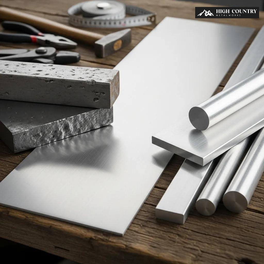 A collection of metal bars and various tools arranged on a work table. A collection of metal bars and various tools arranged on a work table.
