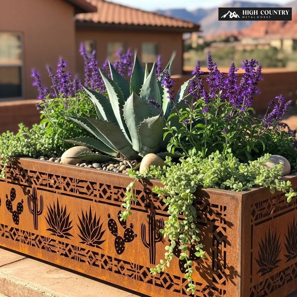 Custom metal planter box with intricate designs and plants, enhancing outdoor aesthetics Custom metal planter box with intricate designs and plants, enhancing outdoor aesthetics