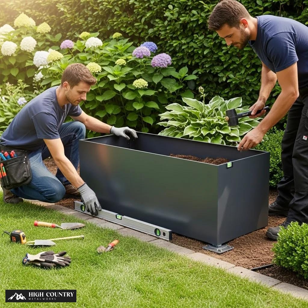 Professionals installing a metal planter box, demonstrating quality installation techniques Professionals installing a metal planter box, demonstrating quality installation techniques