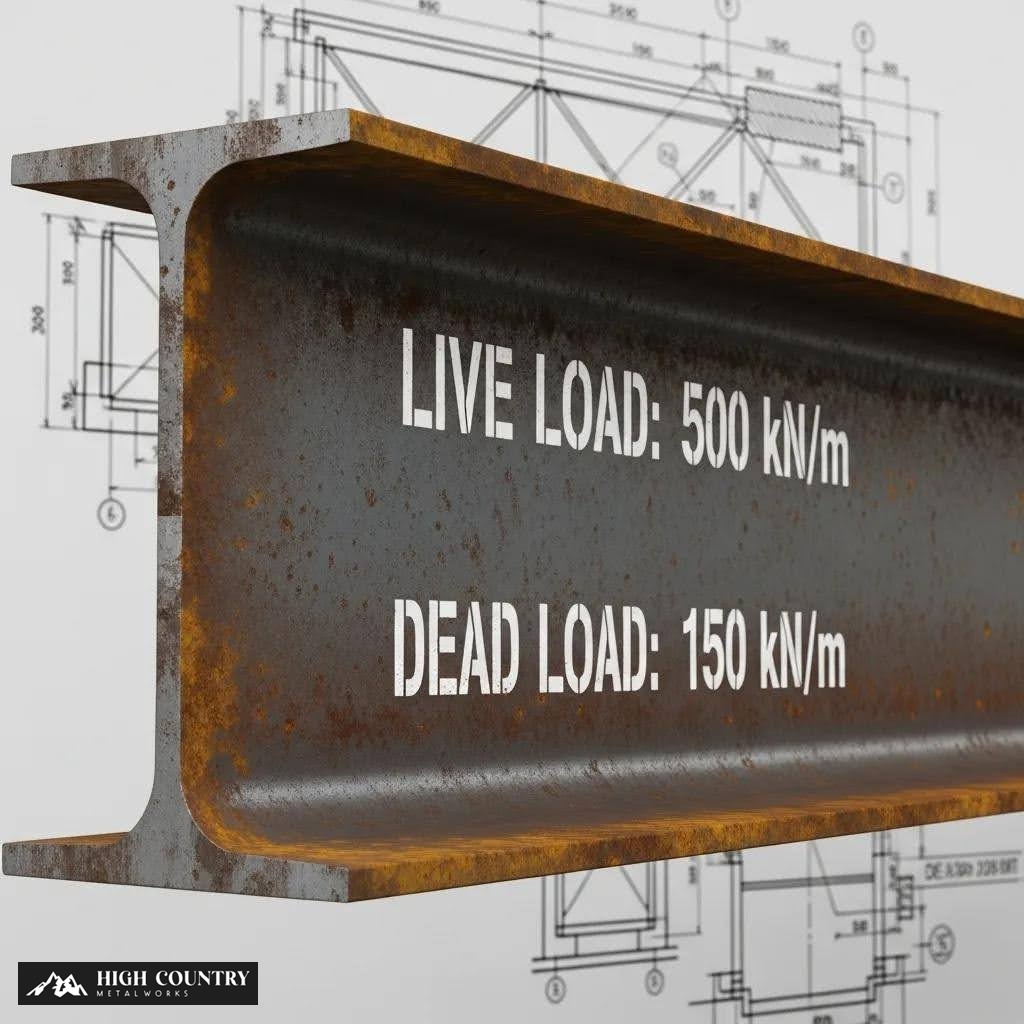 Close-up of a steel beam with labels for live and dead loads, illustrating load capacity in design Close-up of a steel beam with labels for live and dead loads, illustrating load capacity in design