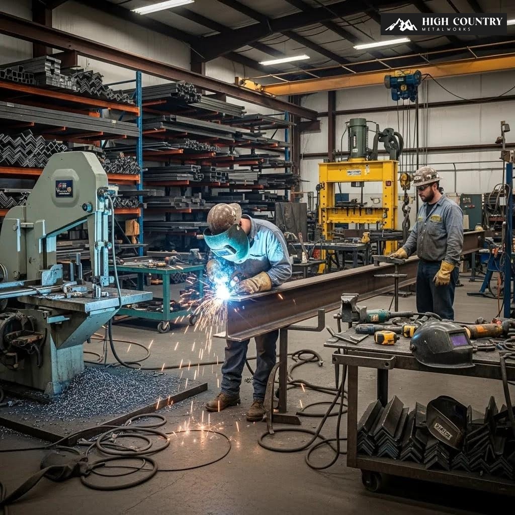 Workshop scene of custom steel fabrication with workers and machinery, highlighting precision engineering Workshop scene of custom steel fabrication with workers and machinery, highlighting precision engineering