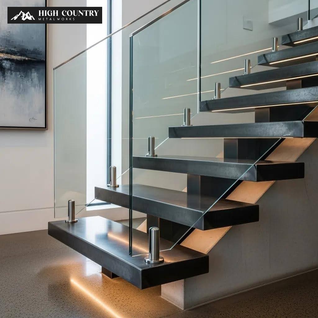 Custom metal floating stairs highlighting unique design and craftsmanship Custom metal floating stairs highlighting unique design and craftsmanship