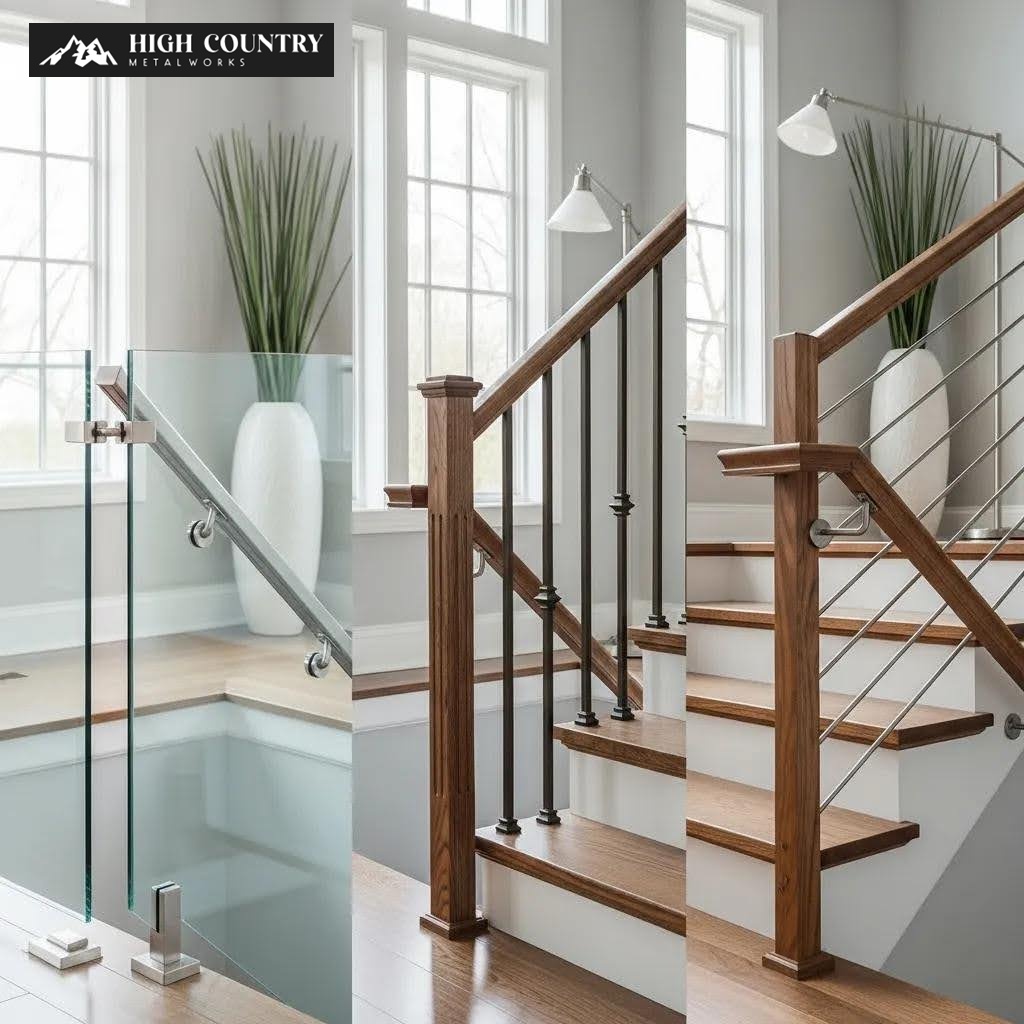 Various railing options for metal floating stairs in a modern home setting Various railing options for metal floating stairs in a modern home setting