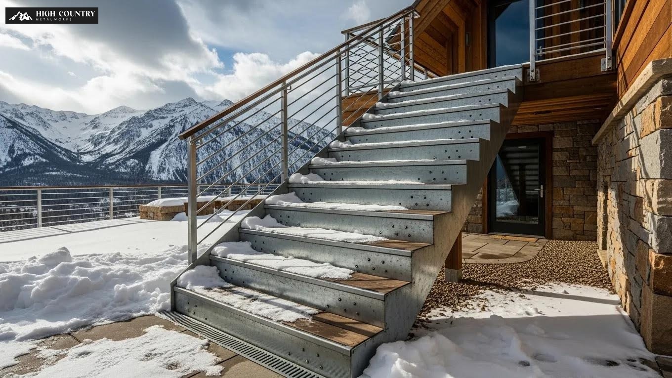 Custom galvanized steel staircase in a Utah alpine home, emphasizing tailored design and functionality