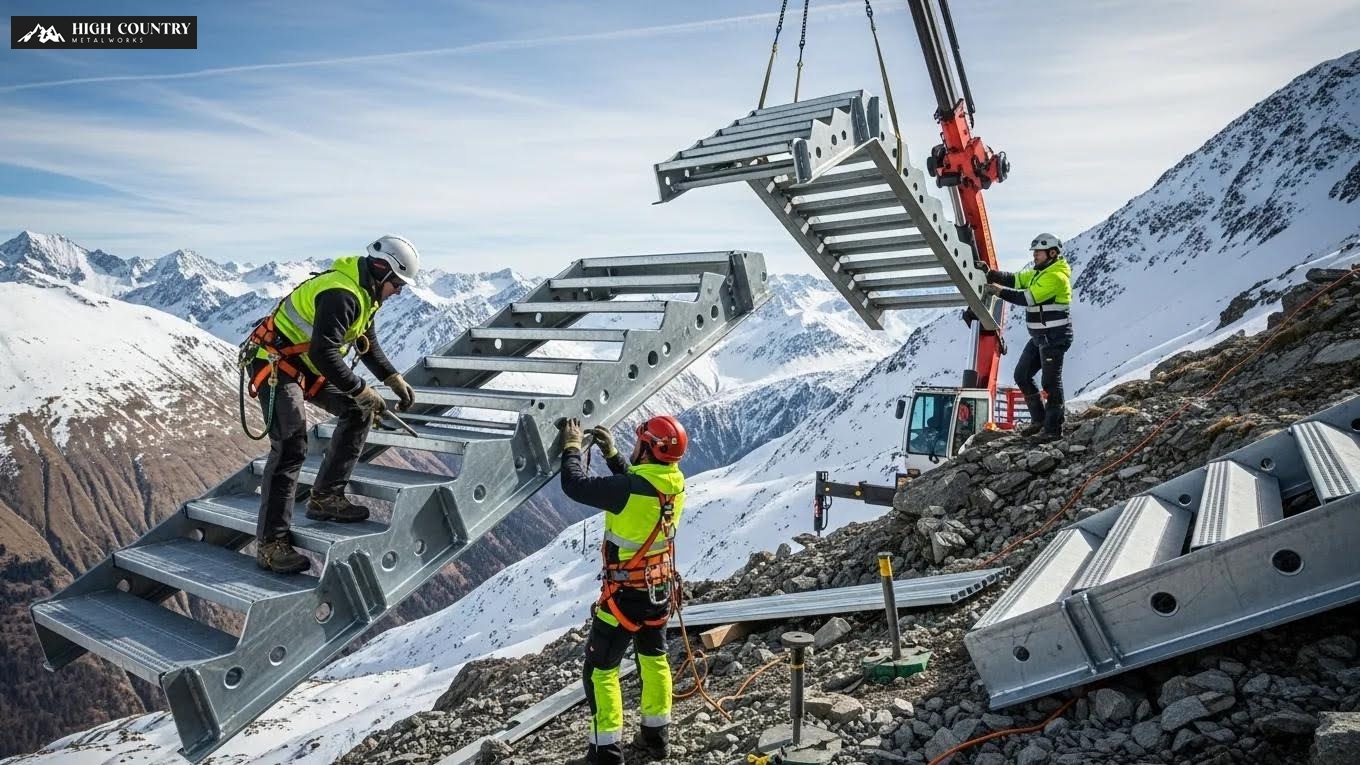 Installation of prefabricated galvanized steel stairs in an alpine environment, showcasing efficiency and practicality