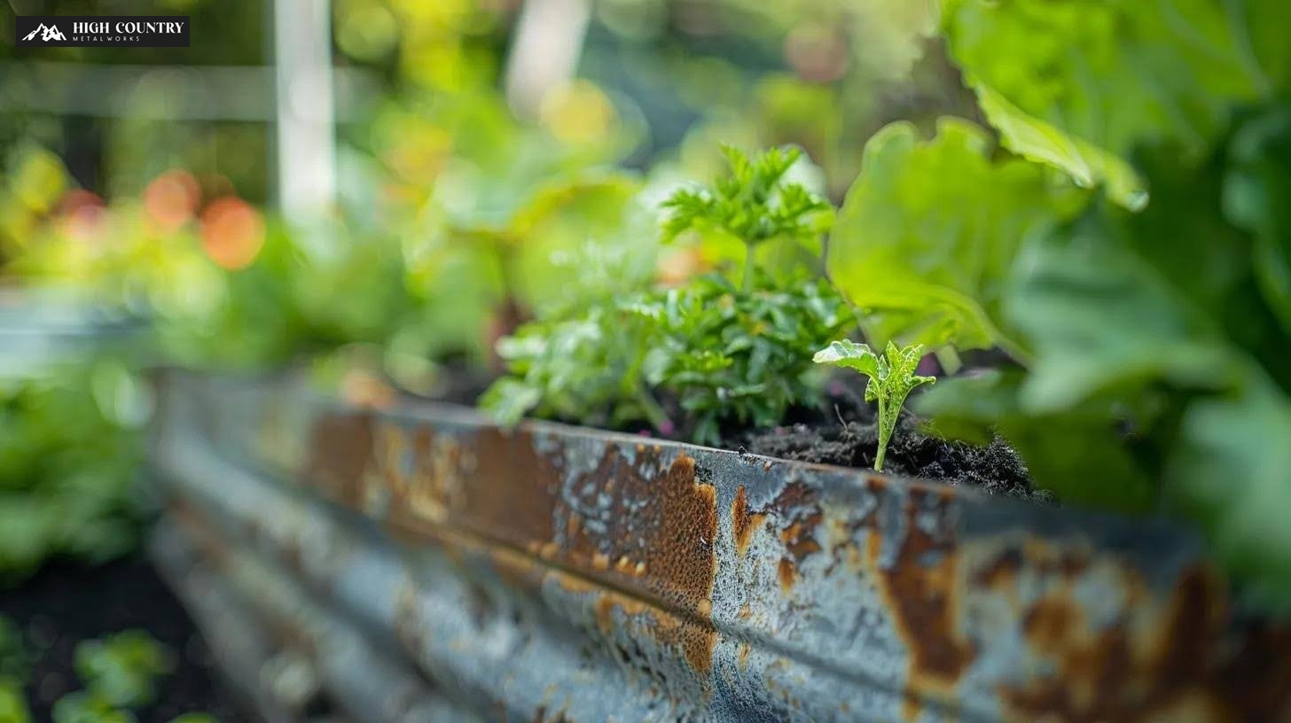 Close-up of zinc-coated galvanized steel garden bed with vegetables
