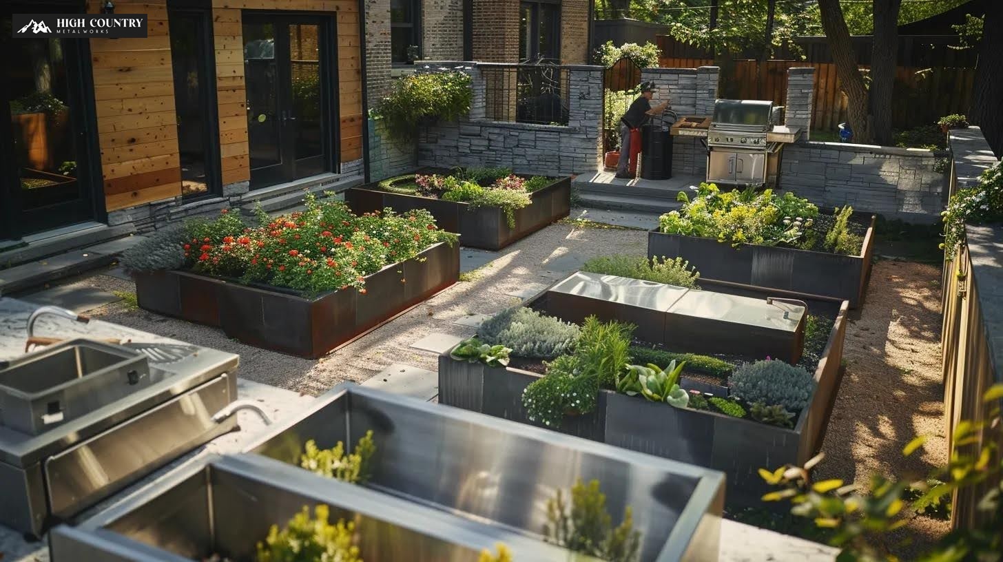 Custom galvanized steel garden beds in various designs with an artisan at work.