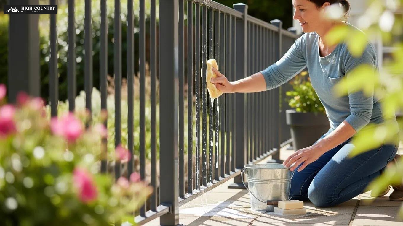 Homeowner performing low maintenance cleaning on powder coated aluminum railing Homeowner performing low maintenance cleaning on powder coated aluminum railing