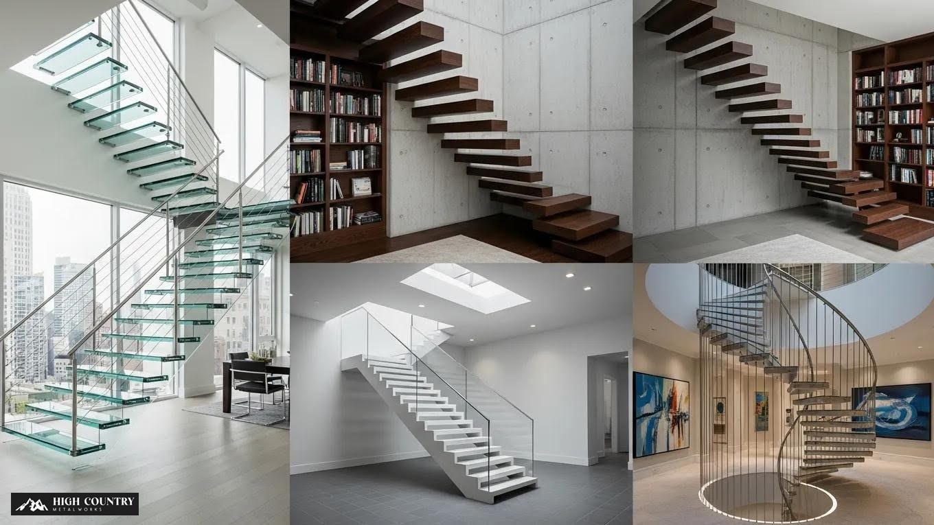 Different types of floating staircases in stylish interiors. Different types of floating staircases in stylish interiors.