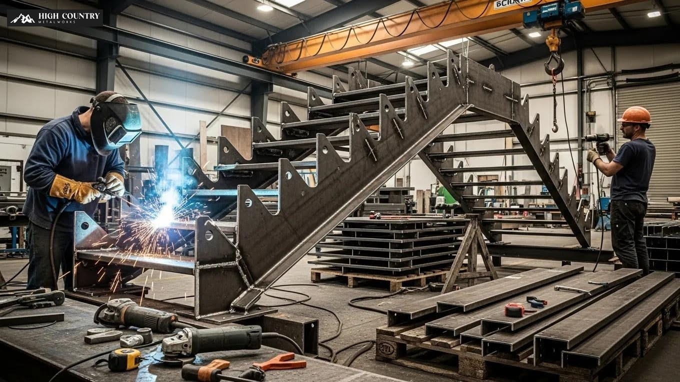 Metal staircase construction process with workers and tools Metal staircase construction process with workers and tools