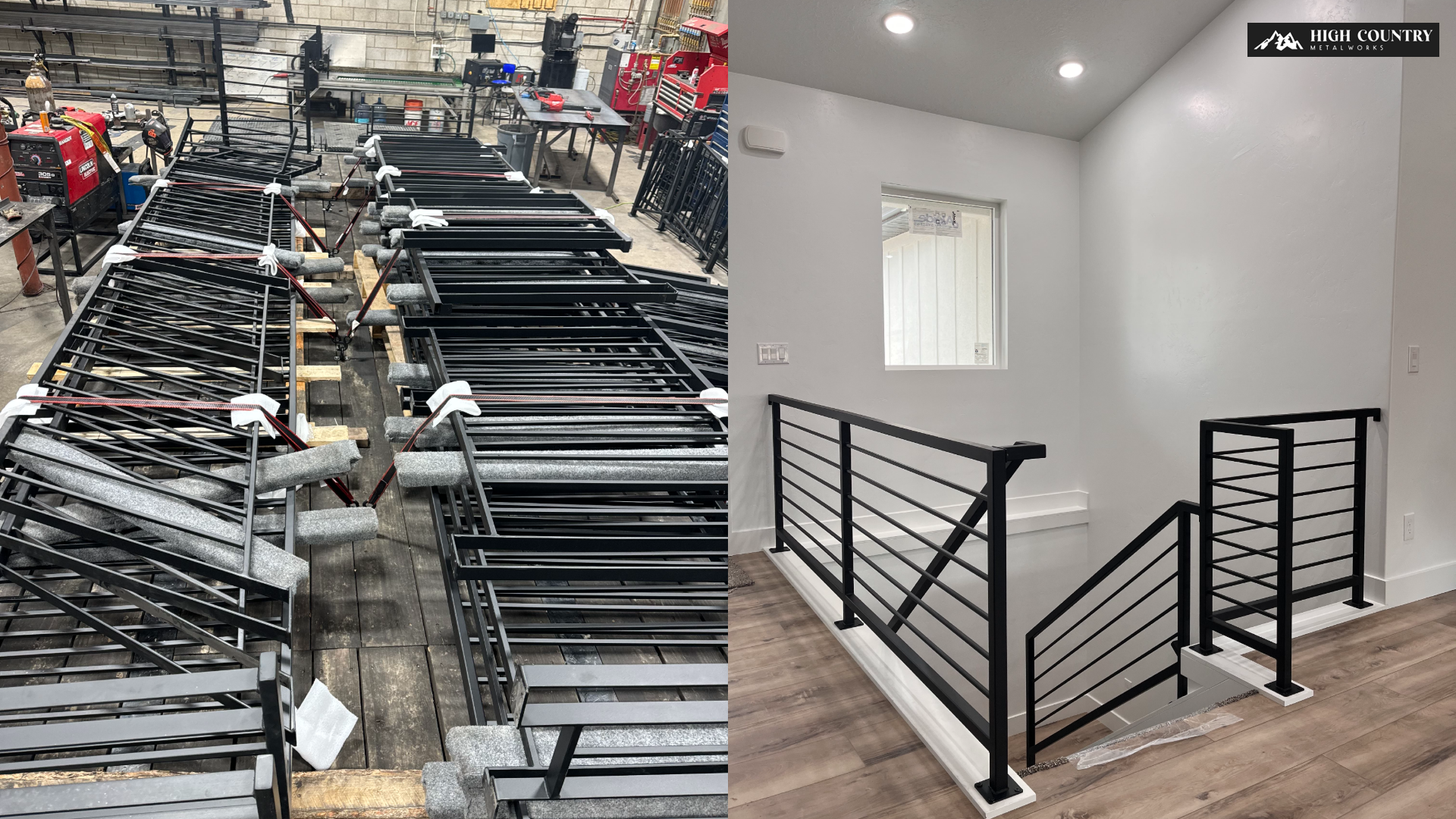Black metal railings in a workshop and installed on a modern indoor staircase. Black metal railings in a workshop and installed on a modern indoor staircase.