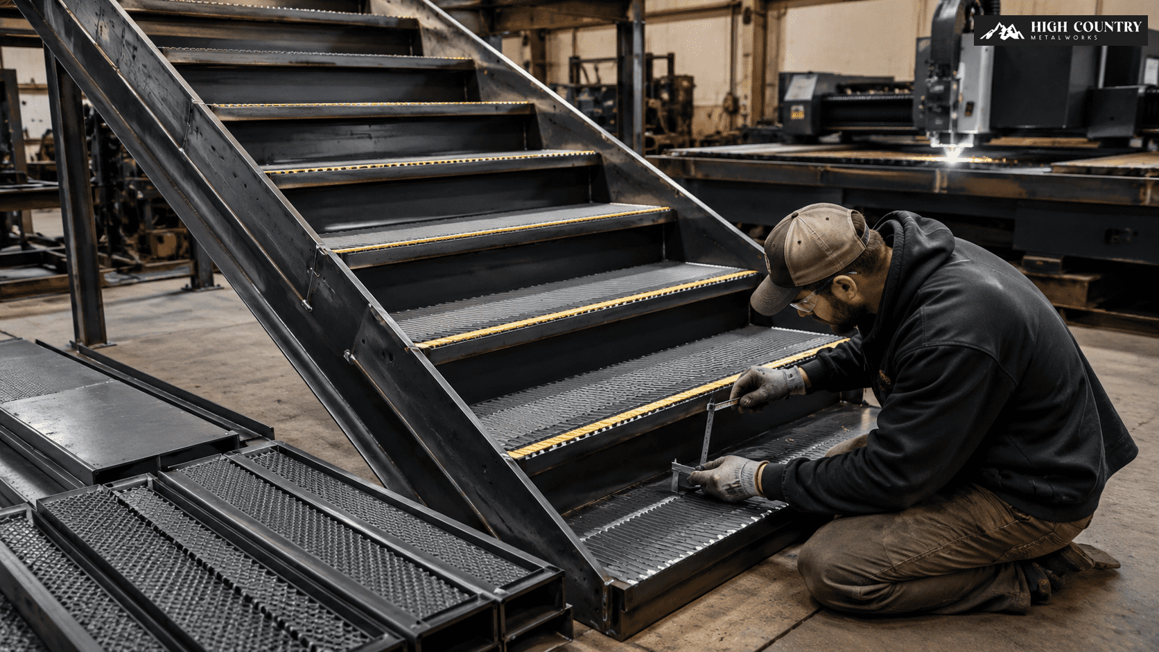 Worker measuring precision-fabricated steel stair treads and risers in a metal fabrication shop.