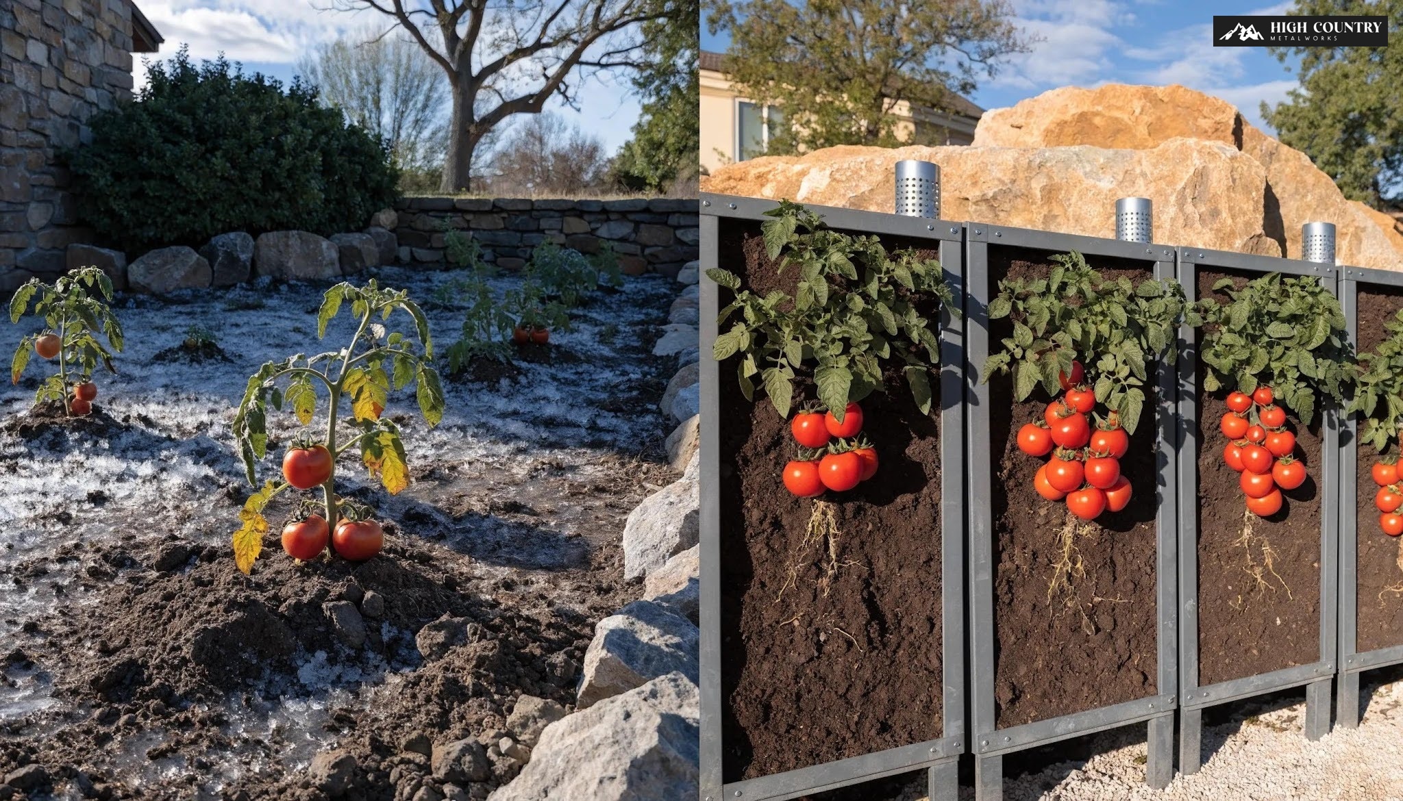 Comparison of traditional gardening versus raised metal planters illustrating unique challenges faced in Utah gardens.