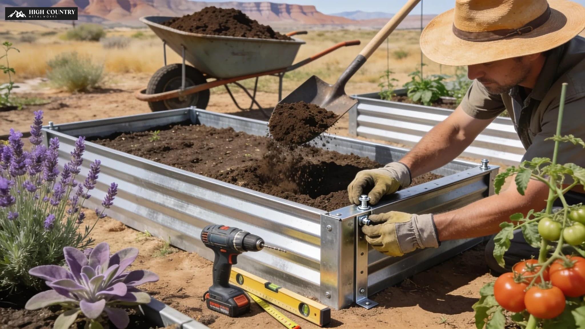 Gardener installing raised metal planter boxes in a Utah garden, demonstrating best practices for optimal growth.