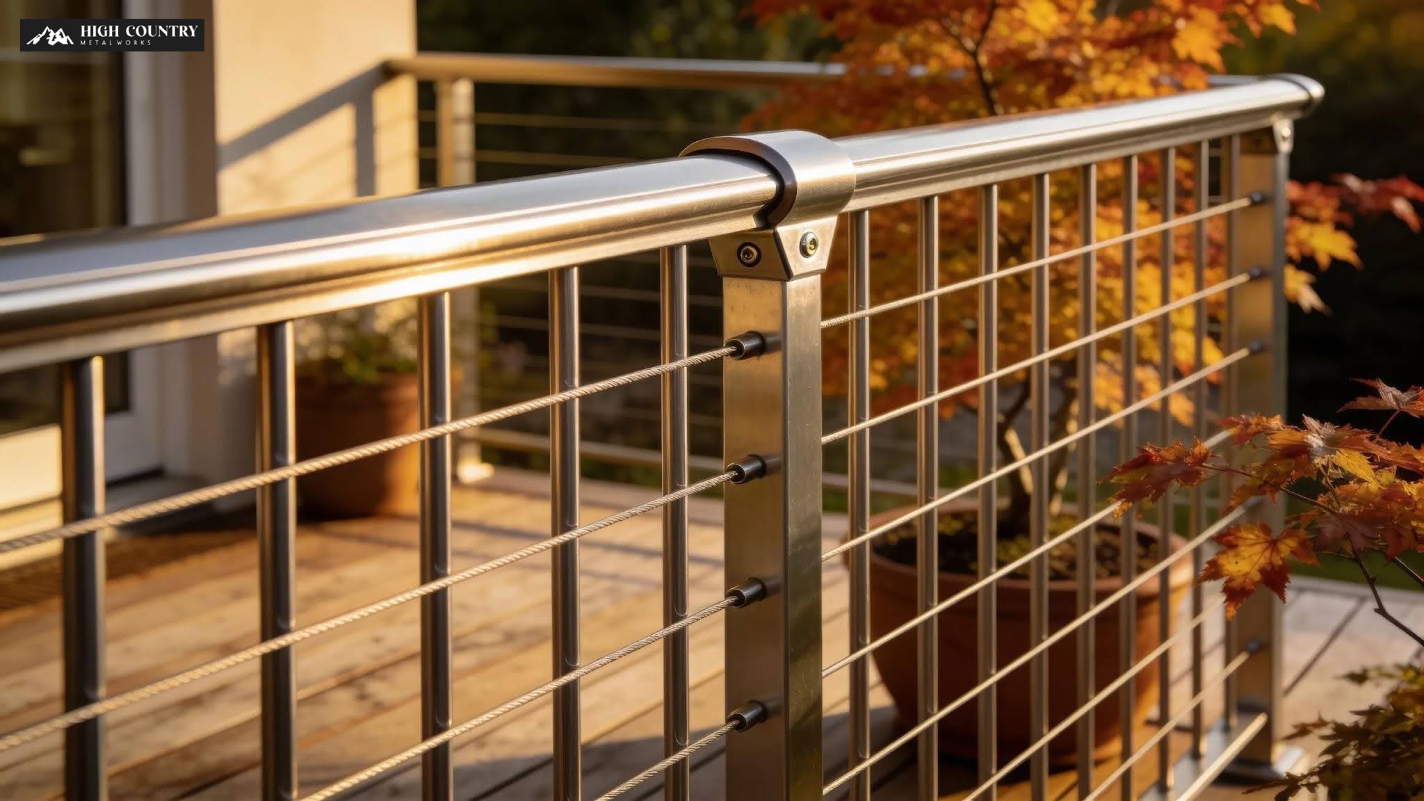 Close-up of metal patio railings showcasing safety features for fall prevention.