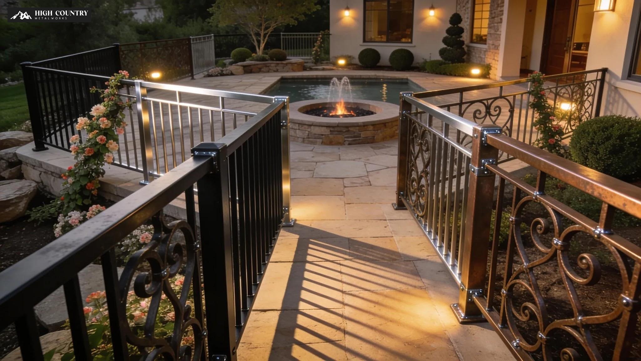 Variety of custom metal patio railings enhancing outdoor aesthetics.