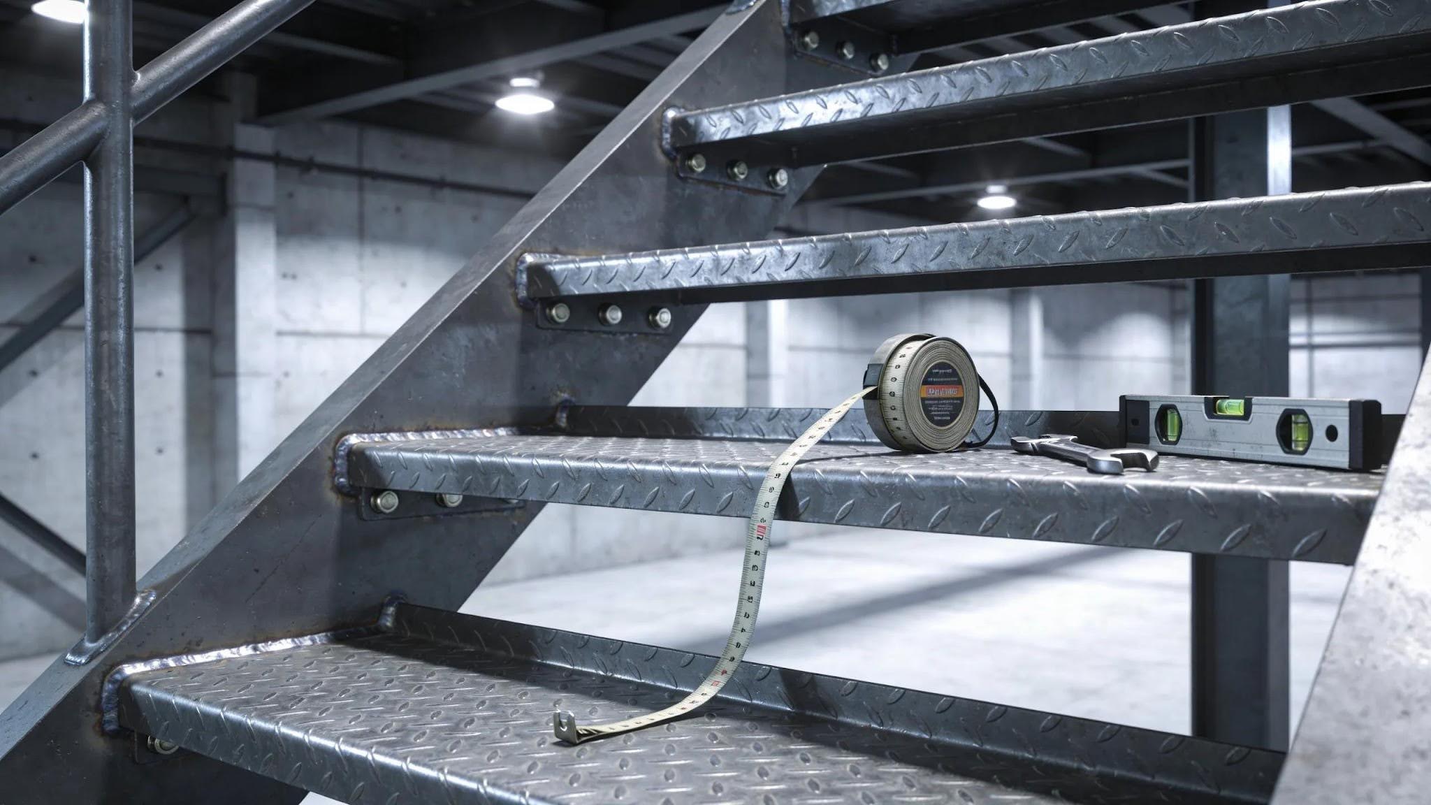 Close-up of a durable metal staircase in an industrial setting, highlighting strength Close-up of a durable metal staircase in an industrial setting, highlighting strength