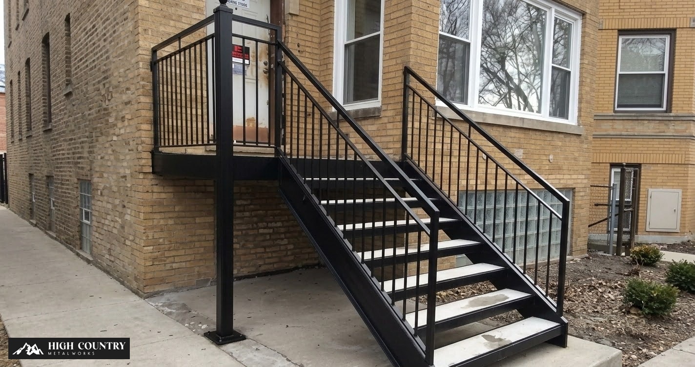 Black metal railing on a stairway leading to a building, showcasing a modern design and sturdy construction.