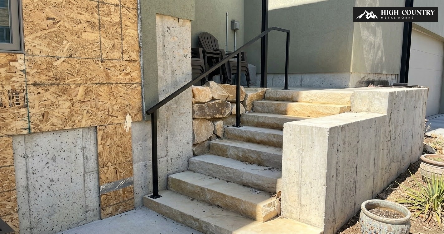 Concrete stairs leading to a house, featuring a sturdy handrail for safety compliance with building codes.