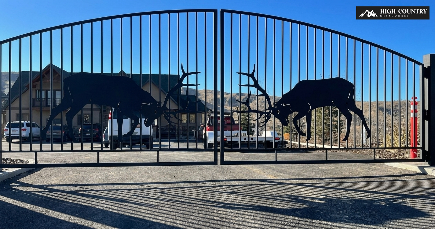 A ornate wrought iron entrance gate with decorative silhouettes of two fighting elk. A ornate wrought iron entrance gate with decorative silhouettes of two fighting elk.