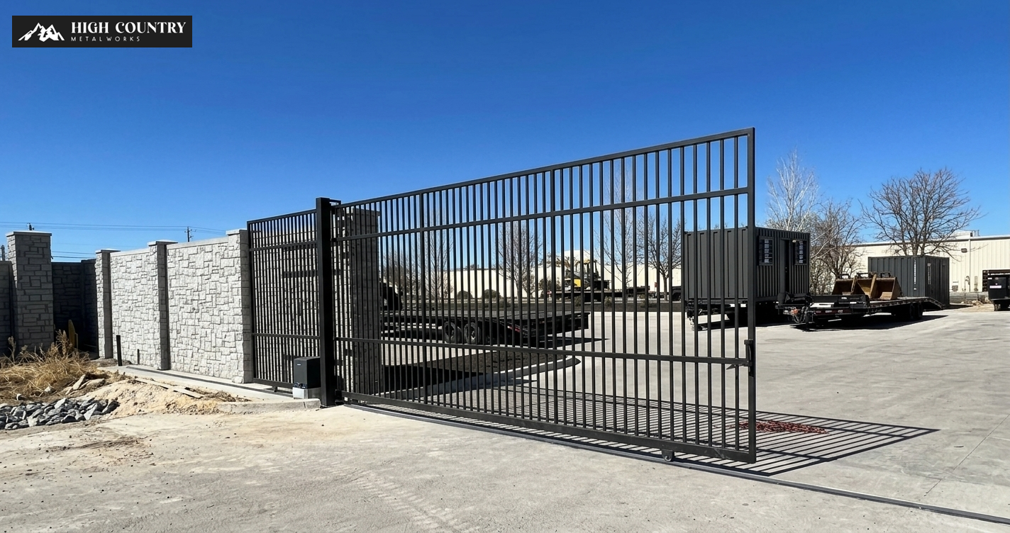 Large black metal sliding gate set against a stone boundary wall in an industrial lot. Large black metal sliding gate set against a stone boundary wall in an industrial lot.