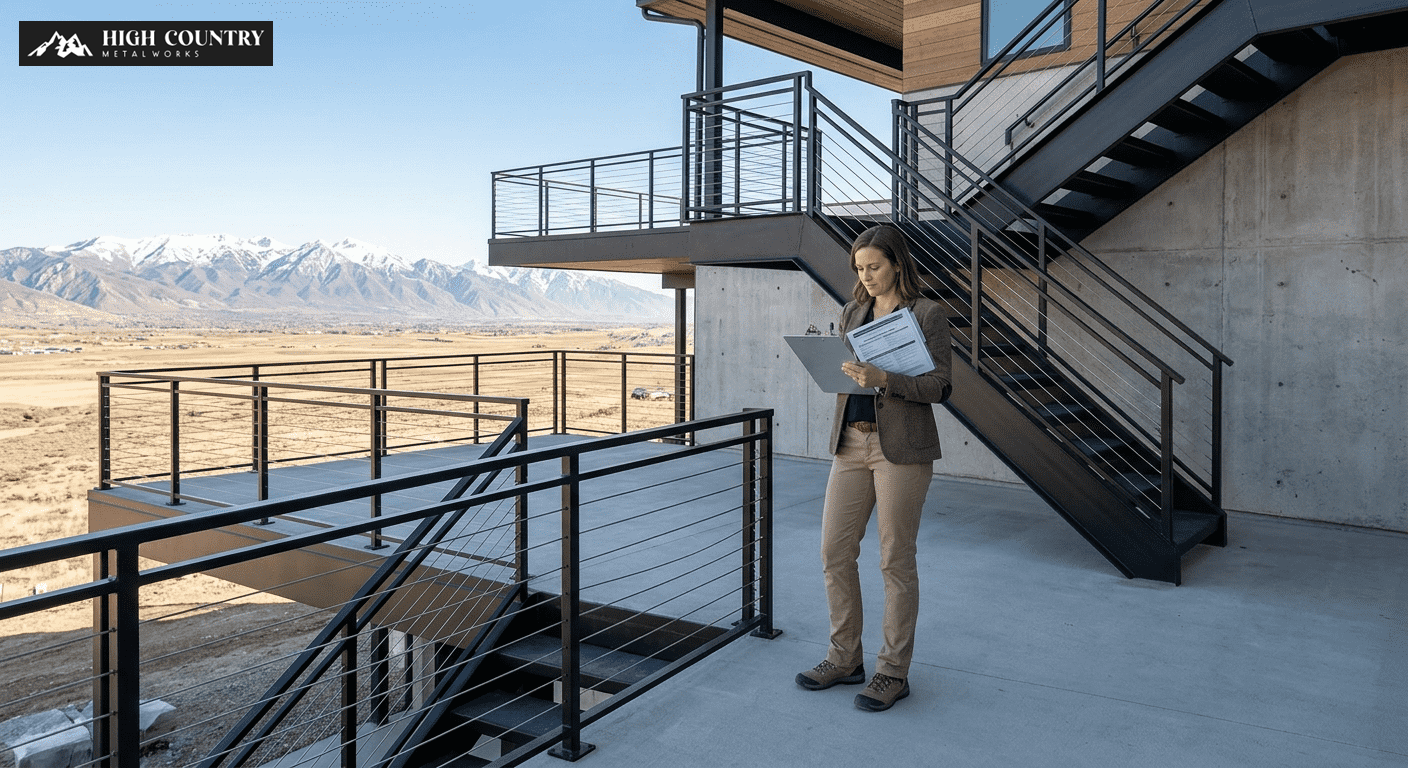 An inspector reviewing outdoor metal railing installation checklists to avoid mistakes that void warranty or liability protection. An inspector reviewing outdoor metal railing installation checklists to avoid mistakes that void warranty or liability protection.