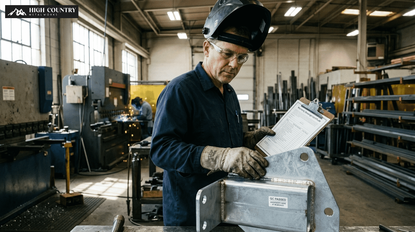 A quality control inspector in a workshop reviewing inspection documents for metal fabrication warranty coverage on a steel part. A quality control inspector in a workshop reviewing inspection documents for metal fabrication warranty coverage on a steel part.
