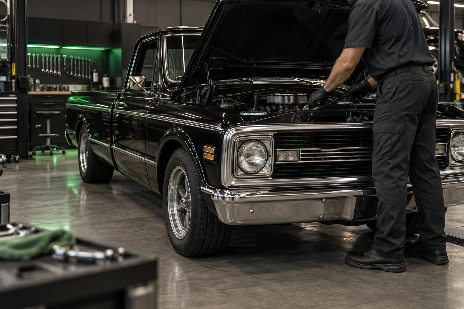 Classic pickup truck receiving automotive service at Ireland Diesel Auto