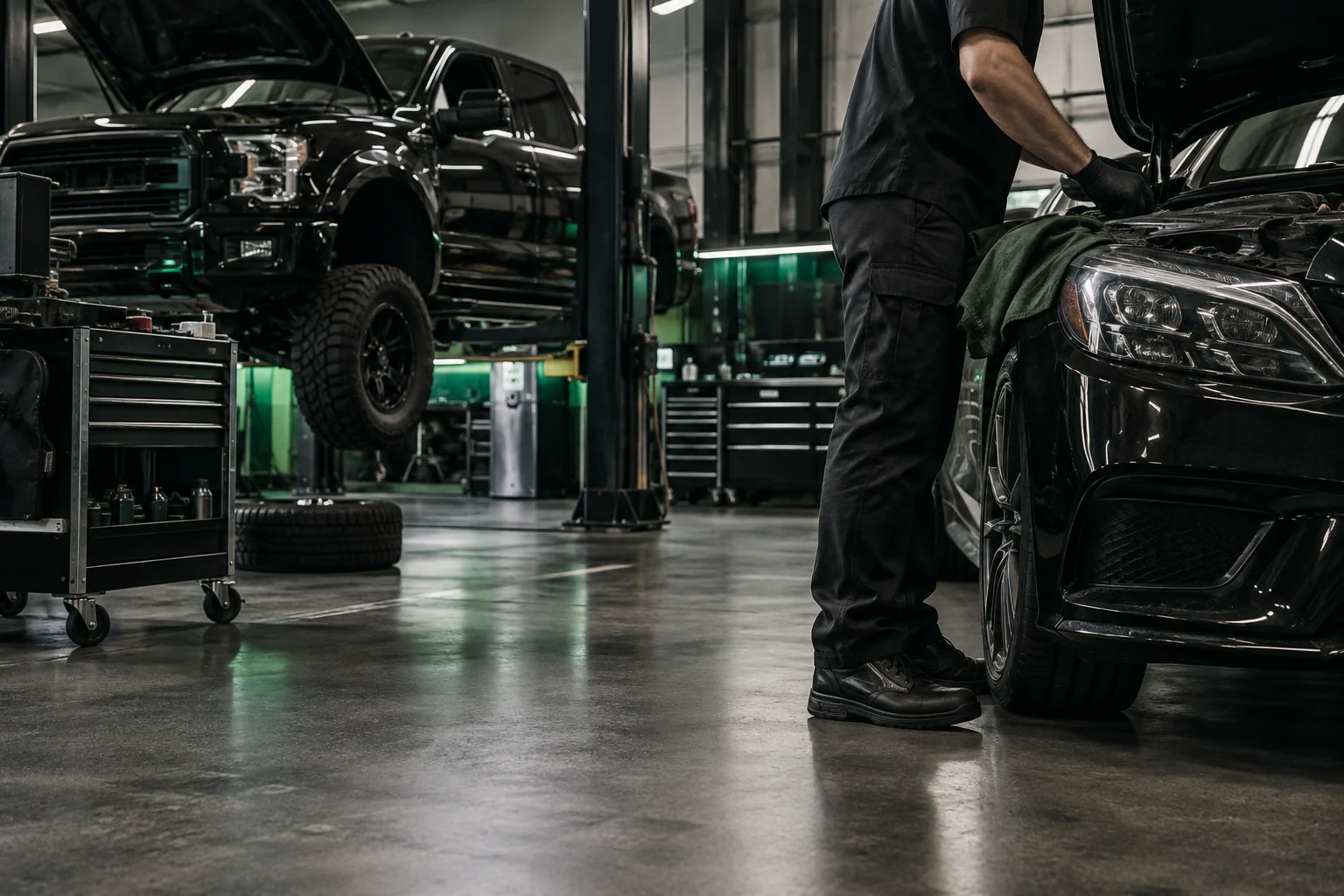 Cars and trucks receiving professional shop service