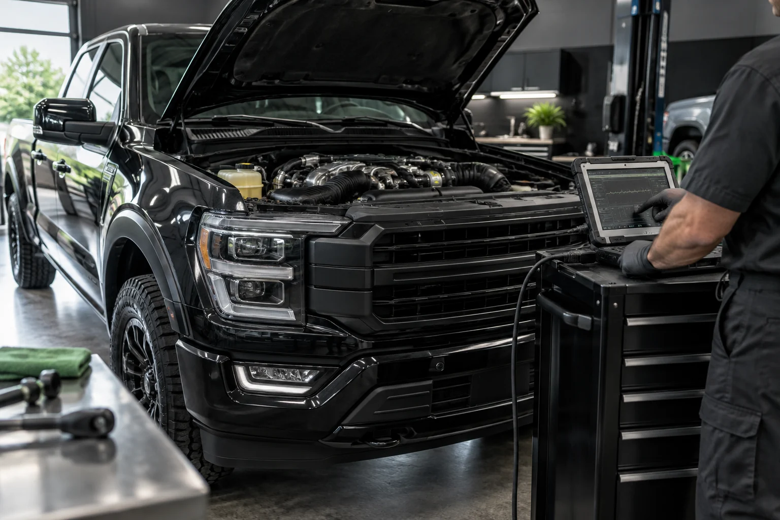 Light duty diesel pickup receiving diagnostic service