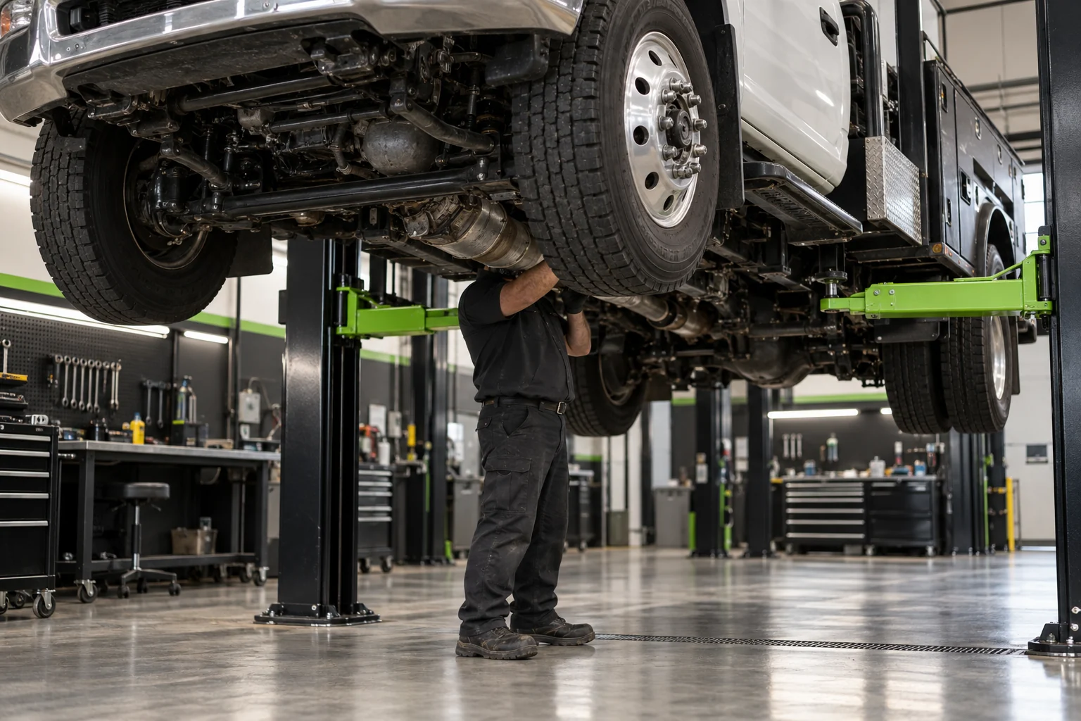 Heavy duty diesel truck receiving an underside inspection