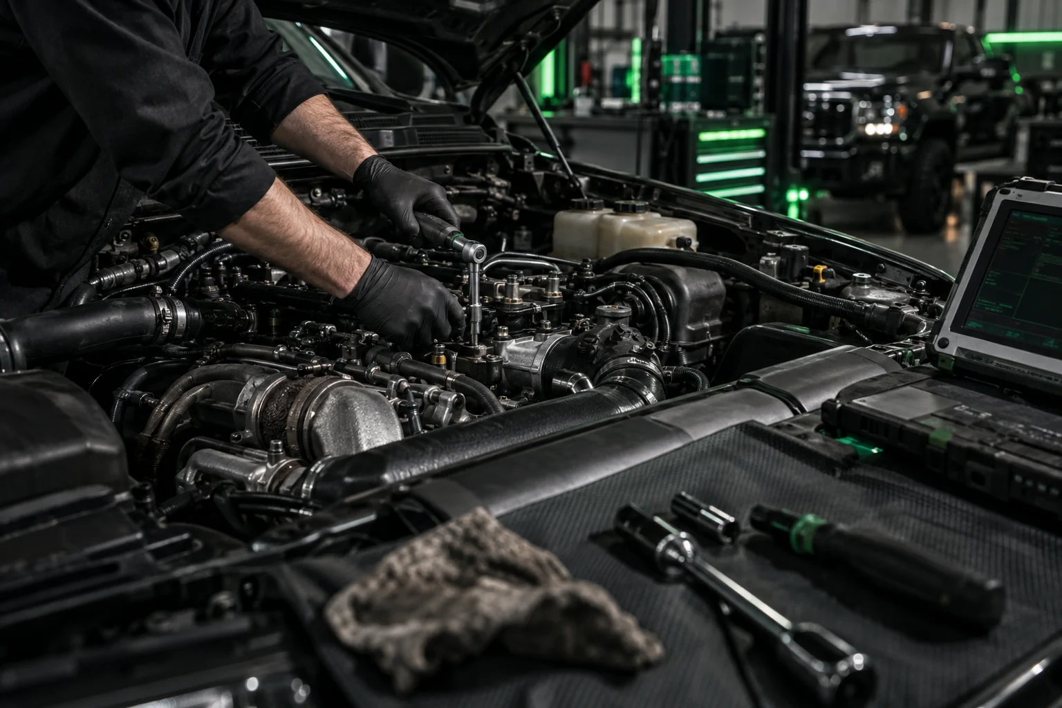 Technician completing underhood diesel repair
