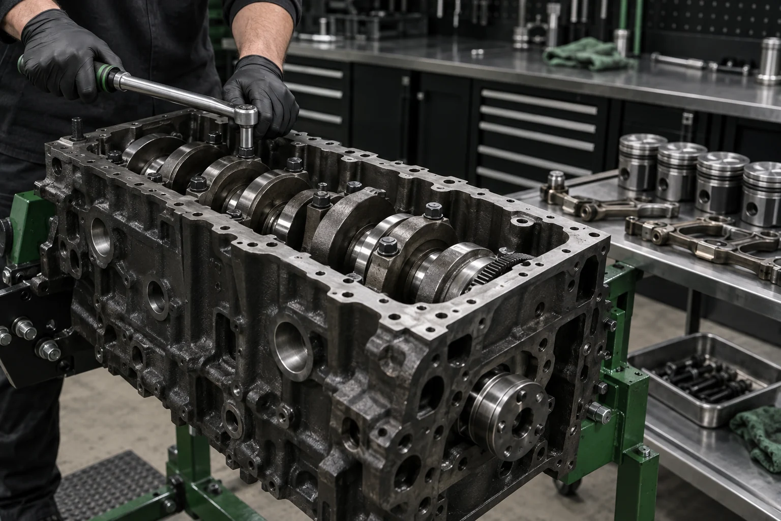 Diesel engine block receiving careful repair service