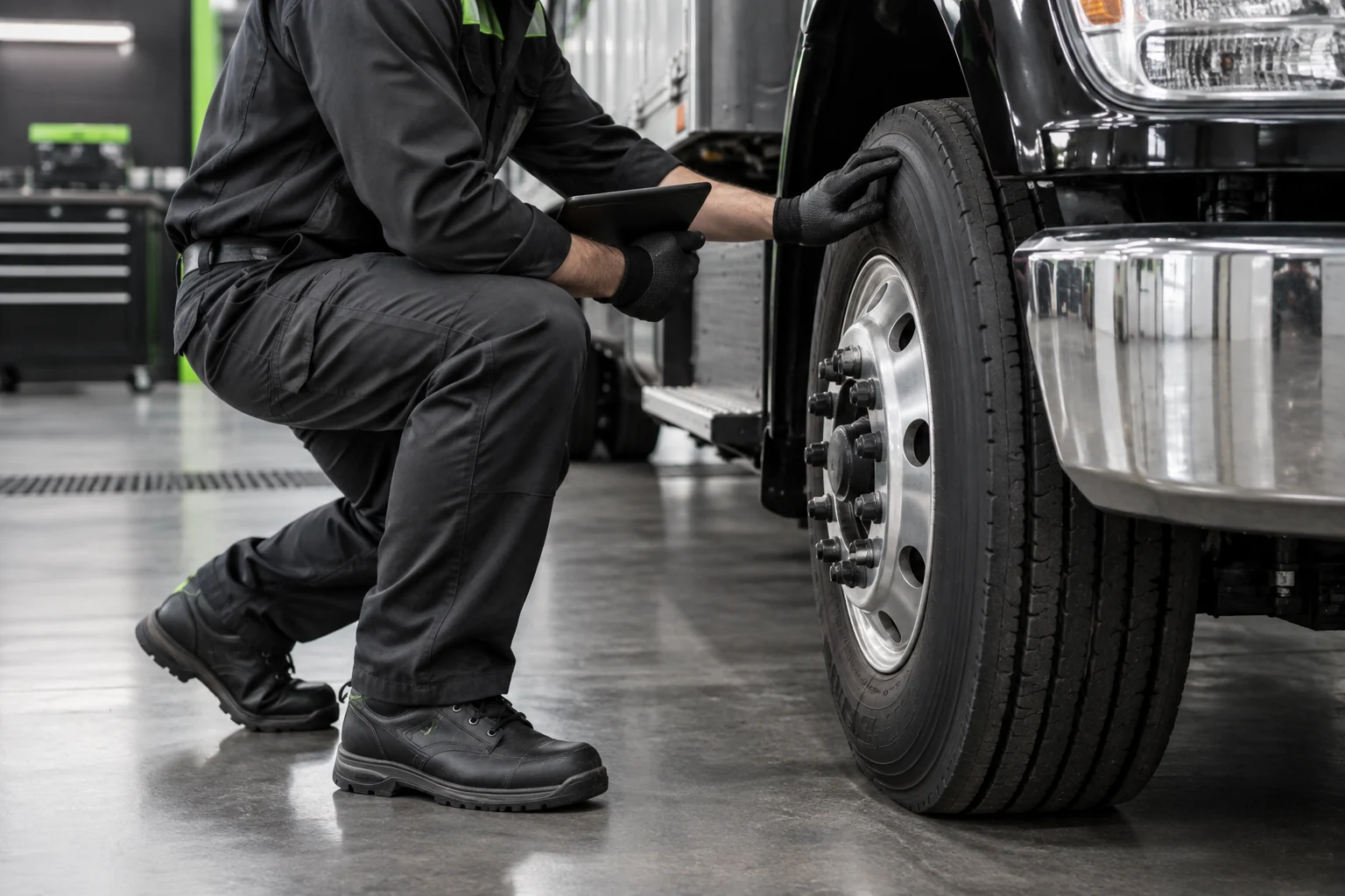 Technician checking commercial truck tire condition