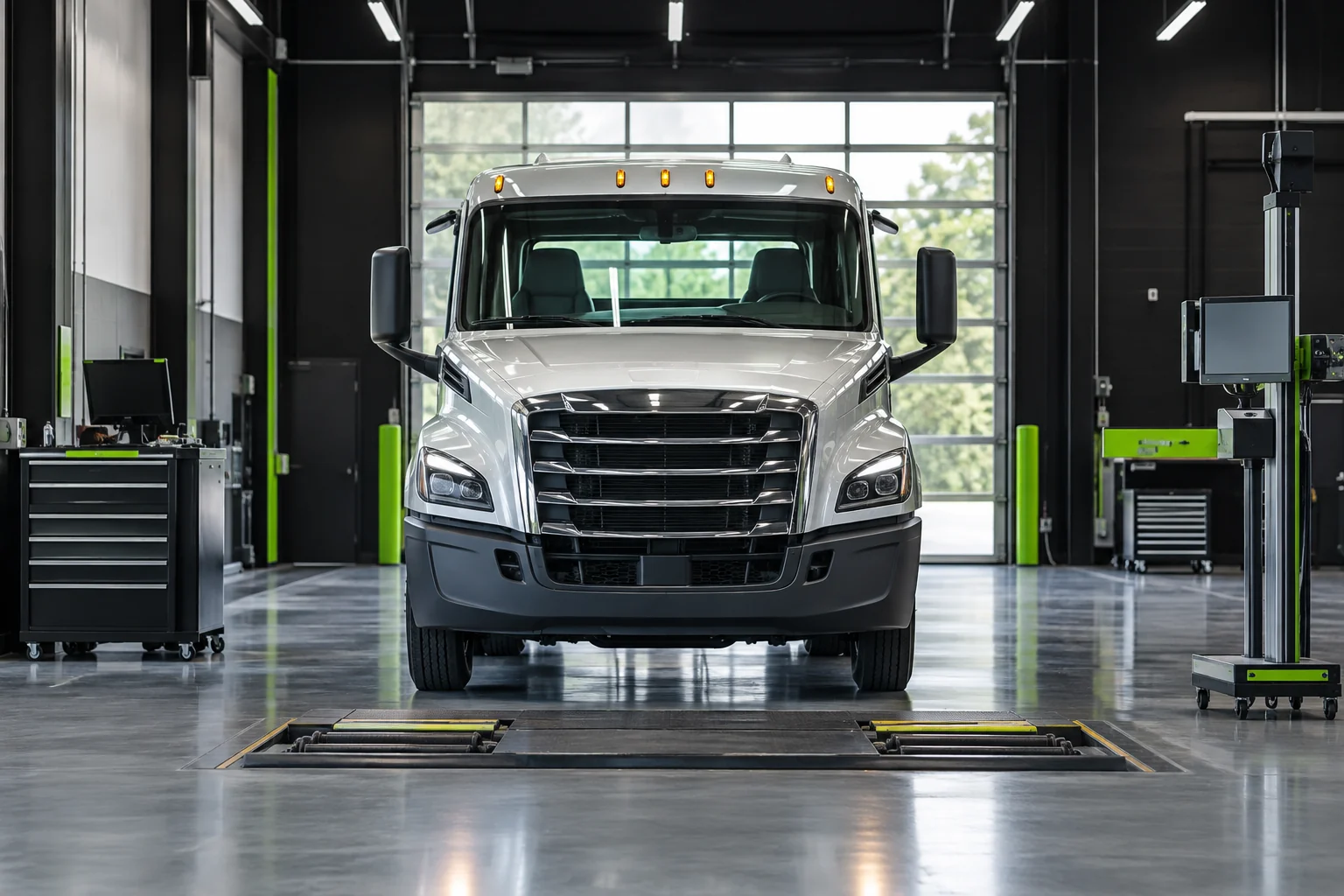 Commercial truck positioned in a professional inspection bay