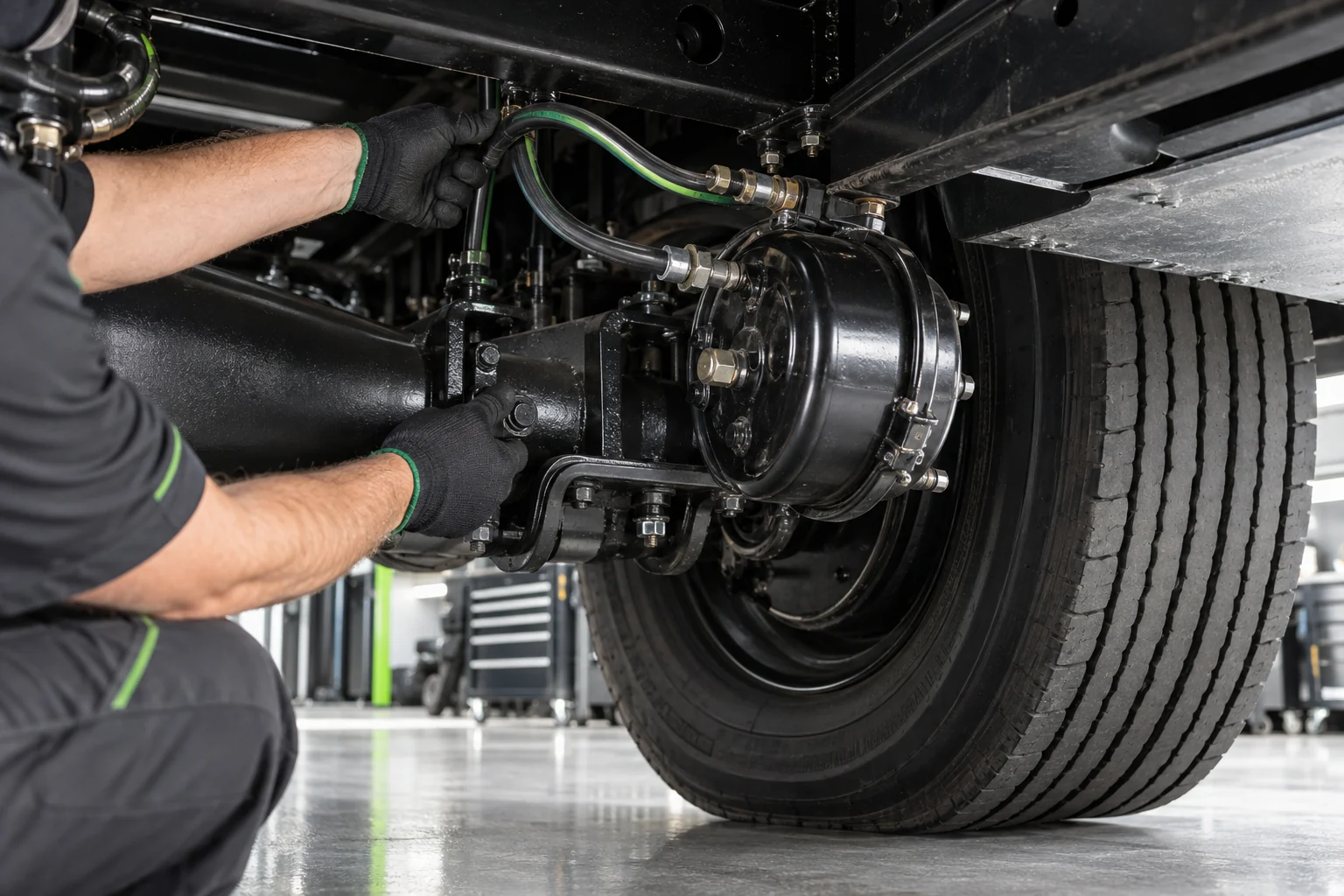 Technician inspecting commercial truck brakes and air lines