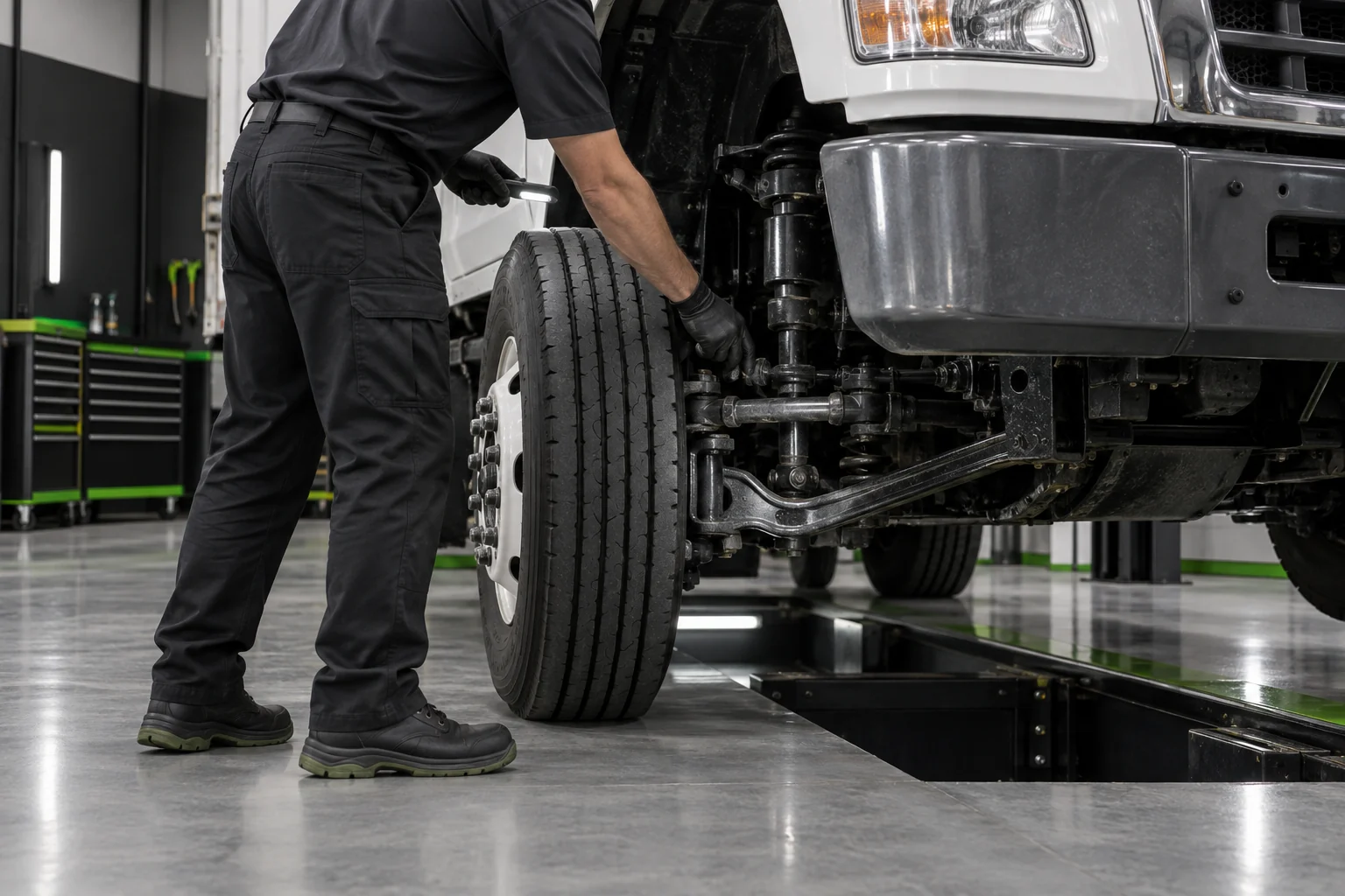 Technician inspecting commercial truck steering and suspension