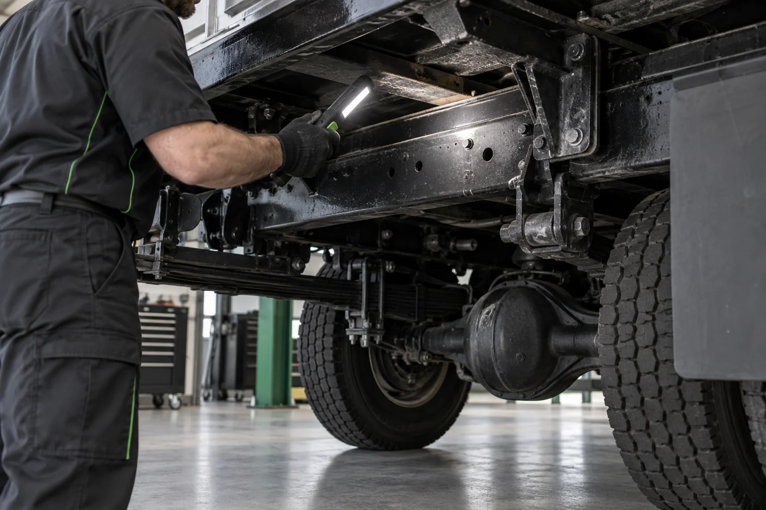 Technician inspecting the underside and frame of a work truck